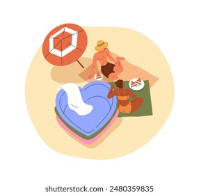 Woman and man relaxing on summer sand beach. Couple eating fruit on holiday. Valentines sunbathing, chilling with umbrella and inflatable pool. Flat vector illustration isolated on white background