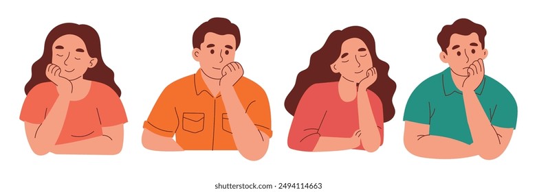 Woman and Man Resting Face on Hand, Calm Gesture, Thinking Expression.