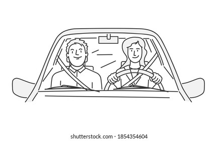 Woman and a man ride a car. 
Female driver. Hand drawn vector illustration.