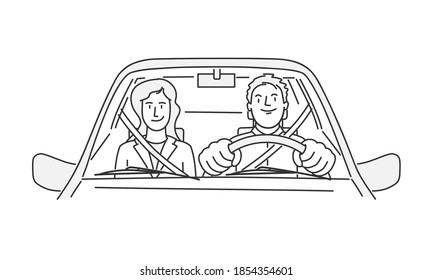 Woman   man ride car  Male driver  Hand drawn vector illustration 