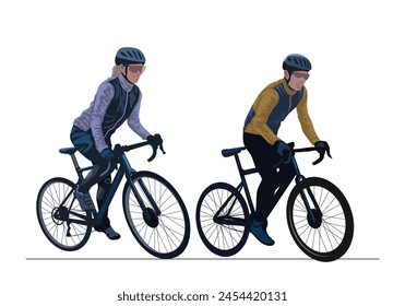 Woman and man riding bicycle on an uphill road isolated on white background.