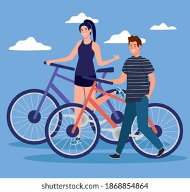 Woman and man riding bike in front of clouds design, Vehicle bicycle cycle and lifestyle theme Vector illustration