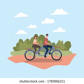 Woman and man riding bike at park design, Vehicle bicycle cycle lifestyle sport and transportation theme Vector illustration