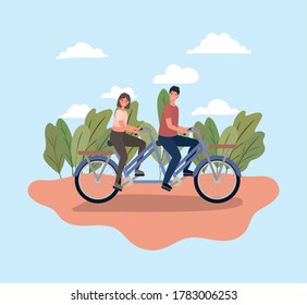 Woman and man riding bike at park design, Vehicle bicycle cycle lifestyle sport and transportation theme Vector illustration