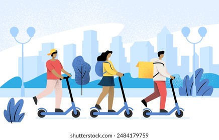 Woman and man riding electric scooter, flat. People riding environmentally electric vehicle