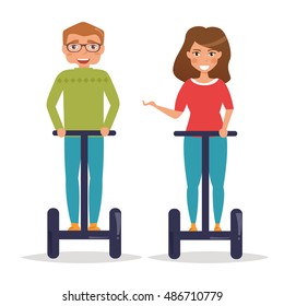 Woman and man riding Segway. Vector illustration. Cartoon character. Isolated.