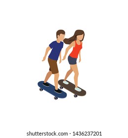 Woman and man riding a skateboard. Flat 3d isometric vector illustration