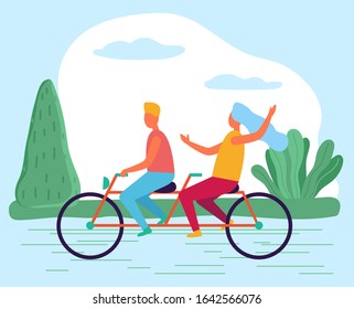 Woman and man riding tandem bicycle on road among forest. Couple on date or friends spend leisure time actively doing their hobby. Summer weather, landscape of wood. Vector illustration in flat style