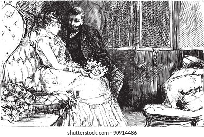 Woman with man romance scene - Vintage illustration from "La petite soeur par Hector Malot" 1882, France