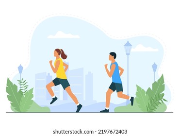 Woman and a man run in a park. Professional athletes run outdoors. Sports training, active recreation, healthy lifestyle. Vector illustration