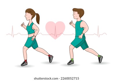 Woman and man are running with EKG graph and heart isolated on white background, walking excercise, jogging, medical health care, exercise for the heart, vector, illustration.