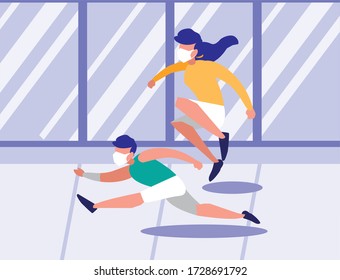 Woman and man running with mask at street design of Covid 19 virus theme Vector illustration