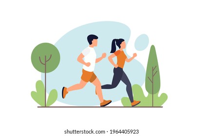 Woman and man running in nature. Flat style