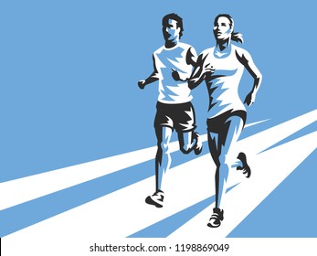 Woman and man running on the road.  Sports illustration on blue background.