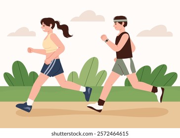 Woman and man running outdoors. Healthy exercise that builds physical strength and endurance.