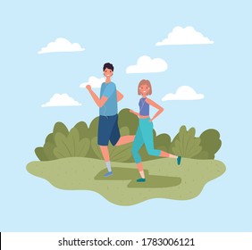 woman and man running at park design, Outdoor activity and season theme Vector illustration