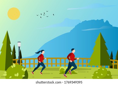 Woman and man running in the park. Jogging Woman and Man Outside. Vector healthcare concept