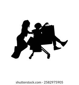 A woman and a man are running with a shopping cart and sitting on a shopping cart.