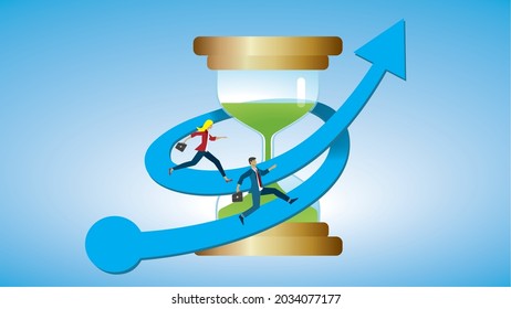 Woman and man running in spiral around hour glass to goal. Vector illustration. Dimension 16:9.