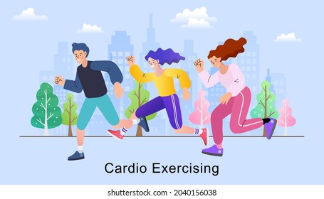 Woman and man running in the town park. city run, training, cardio exercising. Concept of healthy lifestyle, fitness outdoor and jogging. Healthy activity. flat vector concept illustration.