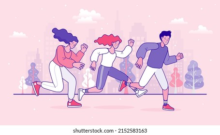 Mujer y hombre corriendo en el parque de la ciudad. gestión urbana, entrenamiento, ejercicio cardiovascular. Concepto de estilo de vida saludable, fitness al aire libre y jogging. Actividad saludable. ilustración de concepto de contorno de vector plano.