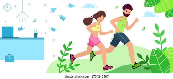 Woman and Man runs away from work to the Park. Run in the woods or Park. The concept of rest from work. Time to rest. Vector illustration in modern flat style.