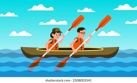 Woman and man are sailing on a boat. People paddle a boat on a sunny day Vector illustration