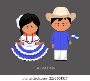 Mujer y hombre con traje nacional de Salvador. Pareja salvadoreños, personajes de caricatura con ropa étnica tradicional. Ilustración vectorial plana.