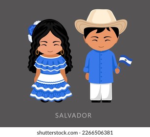 Mujer y hombre con traje nacional de Salvador. Pareja salvadoreños, personajes de caricatura con ropa étnica tradicional. Ilustración vectorial plana.