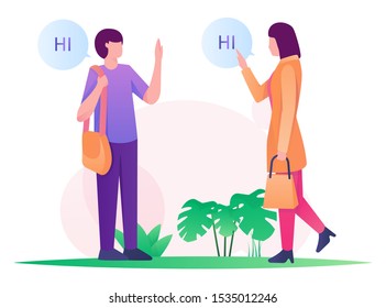 Woman And Man Say Hi Illustration Flat