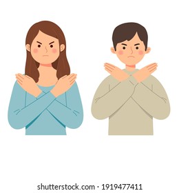 Woman And Man Says No With Gesture Deny Expression Angry Grumpy Ban Vector Illustration Flat Cartoon Style