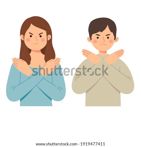 Woman and man says no with gesture deny expression angry grumpy ban vector illustration flat cartoon style