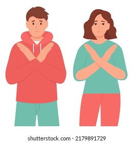 Woman and man says no with gesture.People standing with the crossed arms.Refuse gesture, negative expression.   Refuse gesture, negative expression. Vector illustration 