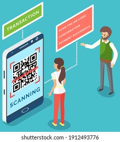 Woman and man scanning qr code via mobile phone scanner device isometric vector, future recognition technology, information data barcode. Customer makes paying with phone scanner. QR code verification