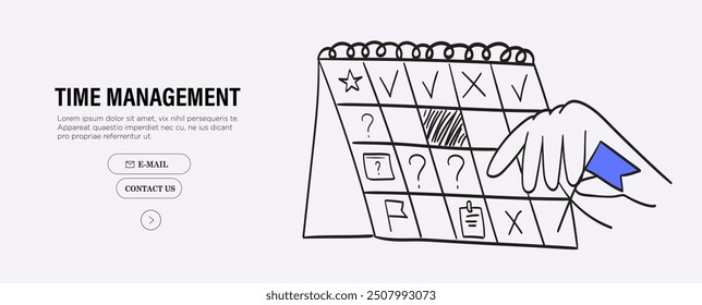 Woman or man schedule week or month tasks and goals. Effective time management and project planning vector illustration. Female or male character plan doctor visit online or select date in calendar.