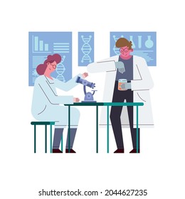 woman and man scientist with microscope at laboratory