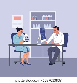 Woman and man Scientists looking at monitor and through a microscope in the lab. Vector cartoon flat style illustration