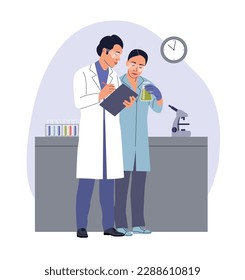 Woman and man Scientists working using digital tablet, analysing biochemicals samples in the lab. Vector cartoon flat style illustration