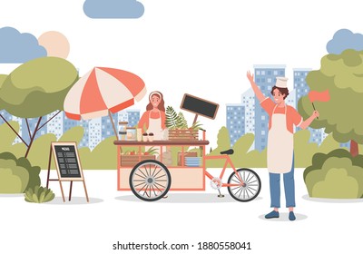 Woman and man selling coffee and other beverages in city park vector flat illustration. Smiling woman standing near street cart, happy man waving hand and welcoming to shop. Street food concept.