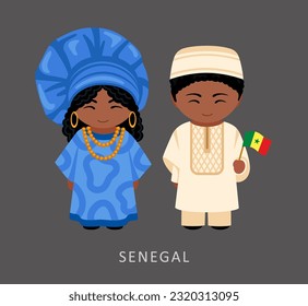 Woman and man in Senegal national costume. Senegalese couple, cartoon characters in traditional ethnic clothes. Flat vector illustration.