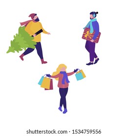 Woman and man set  with Christmas tree and gifts. Winter time. Christmas design template for greeting card, poster, banner