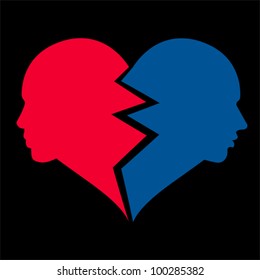 Woman and man in the shape of broken heart. Love icon, vector