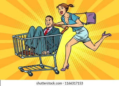 woman with man in a shopping trolley. Pop art retro vector illustration vintage kitsch