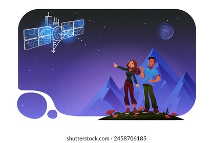 Mujer y hombre muestran el satélite espacial en el diseño de dibujos animados del cielo. Carácter y tierra paisaje de montaña juego gráfico. Aventura futurista con holograma de fantasía en la noche oscura. Concepto de viaje cósmico