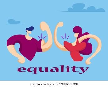 Woman and man show their muscles. Equal women's rights. Vector illustration in flat style