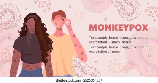 The woman and man is sick with smallpox and symptoms of monkeypox such as fever, rash, headache, swollen lymph node, rashes on face, body and back, muscle aches. Vector. Not AI generated