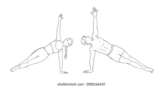 Woman and man in side plank pose. Yogi couple in vasisthasana isolated in white background. Sketch vector illustration isolated in white background