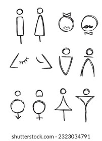 Woman and man sign illustration image. 
Hand drawn image artwork of male and female sign. 
Simple cute original logo.
Hand drawn vector illustration for posters, cards, t-shirts.