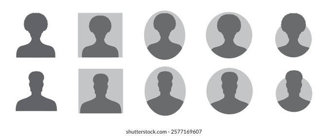 woman and man silhouette avatars or profile with curly hair gray icon. African American male and female portraits, anonymous people icons different styles, oval, square, circle shape. Vector