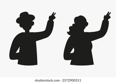 Woman and man silhouette traveling with camera hand drawn